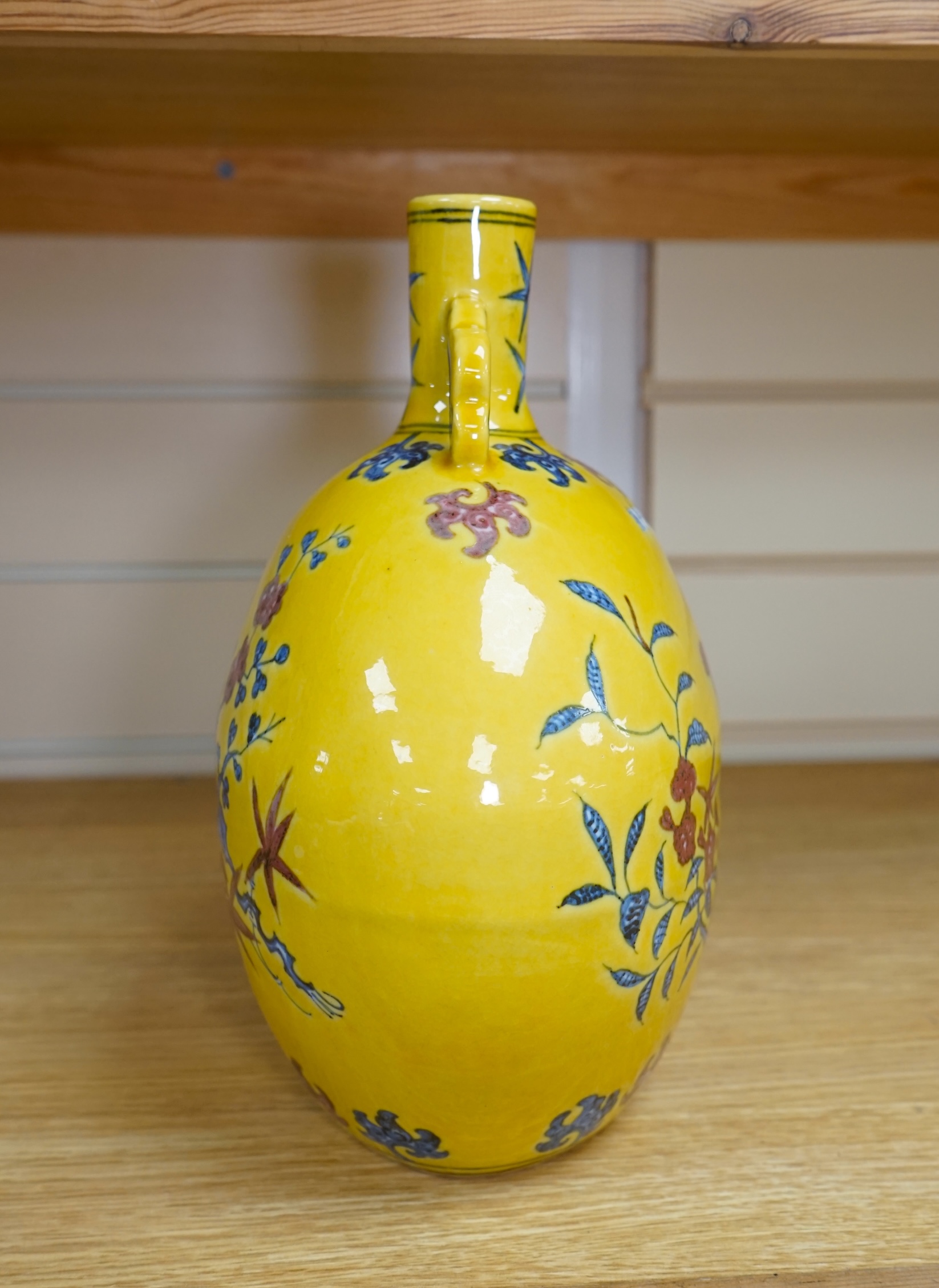 A Chinese yellow ground moonflask, 27cm. Condition - good